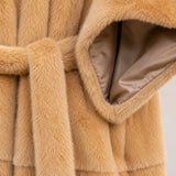 Manteau long femme ceinturé en fausse fourrure, avec ouverture devant et manches larges