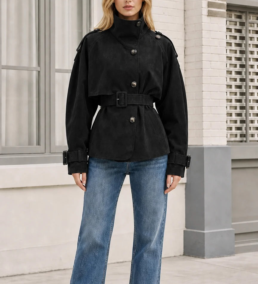 Veste courte ceinturée femme en daim synthétique