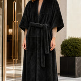 Manteau long femme ceinturé en fausse fourrure, avec ouverture devant et manches larges