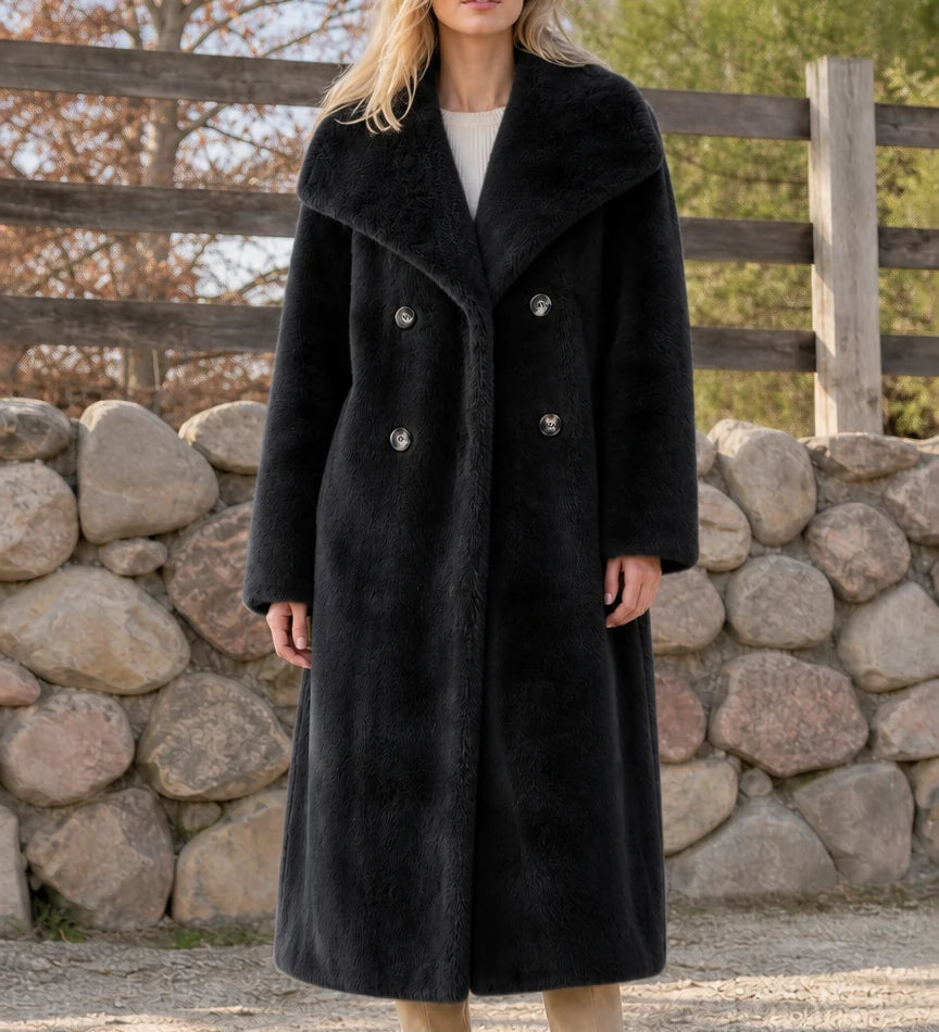 Manteau long d’hiver femme en fausse fourrure croisée