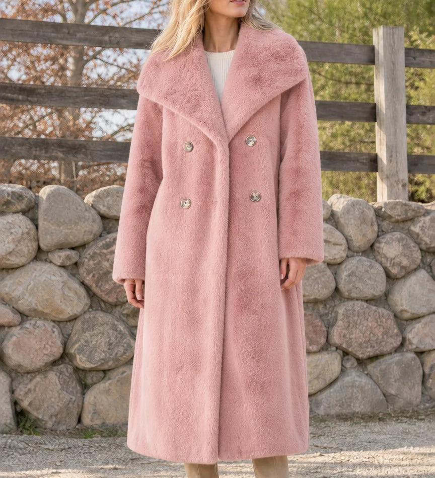 Manteau long d’hiver femme en fausse fourrure croisée