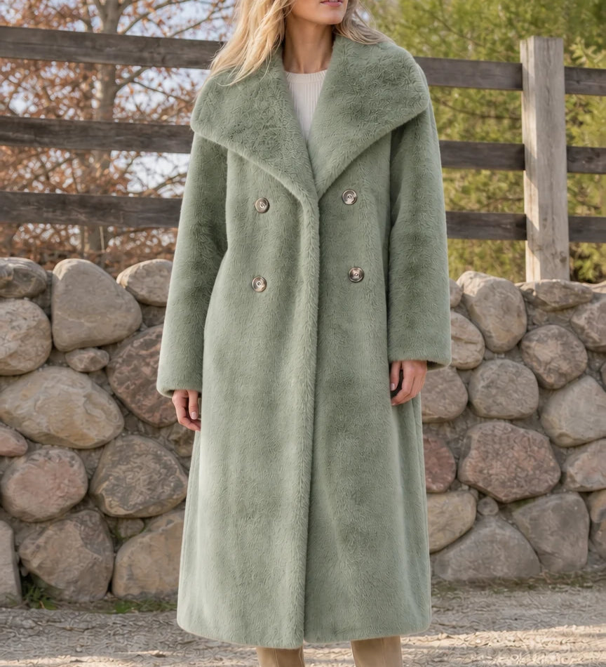 Manteau long d’hiver femme en fausse fourrure croisée