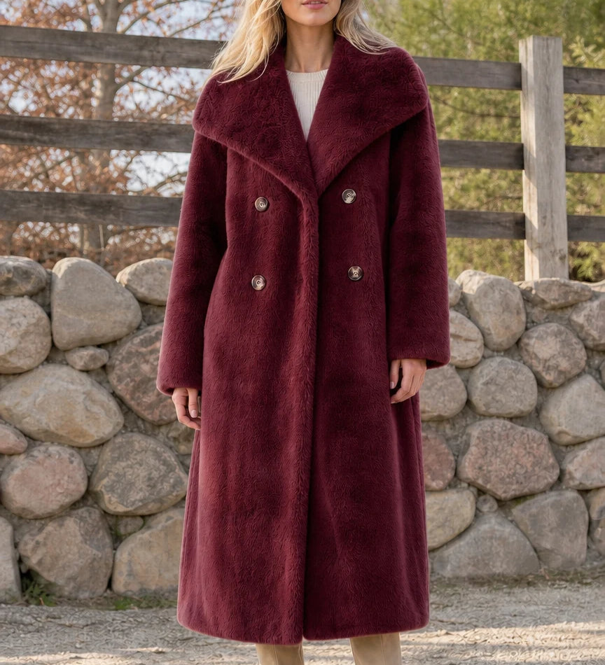 Manteau long d’hiver femme en fausse fourrure croisée