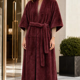 Manteau long femme ceinturé en fausse fourrure, avec ouverture devant et manches larges