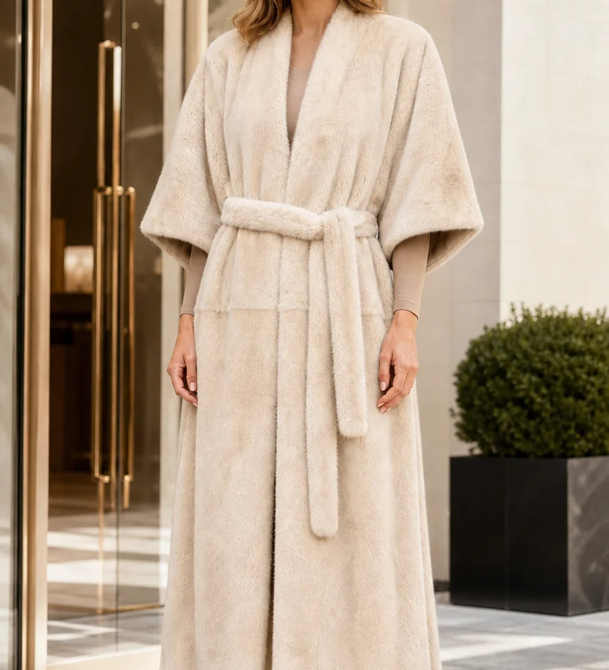 Manteau long femme ceinturé en fausse fourrure, avec ouverture devant et manches larges