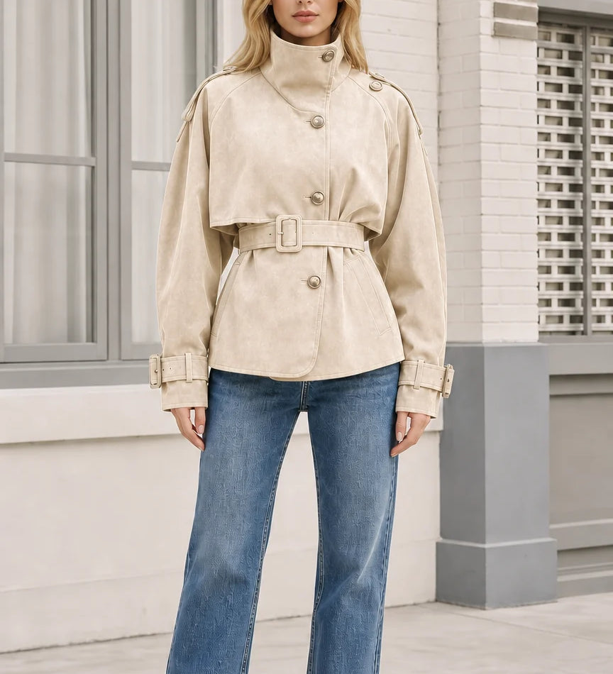 Veste courte ceinturée femme en daim synthétique