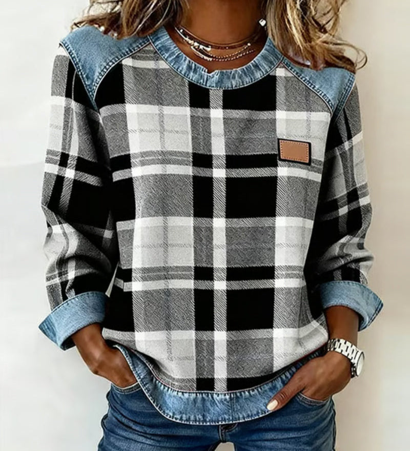 Erica – Femme Flannel SWEAT À CAPUCHE avec denim détails